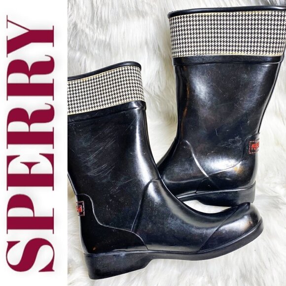 SPERRY TOPSIDER Black Houndstooth Pull On Rubber Rain Boot, Size 6M - Picture 1 of 11